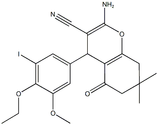 2-amino-4-(4-ethoxy-3-iodo-5-methoxyphenyl)-7,7-dimethyl-5-oxo-5,6,7,8-tetrahydro-4H-chromene-3-carbonitrile Struktur