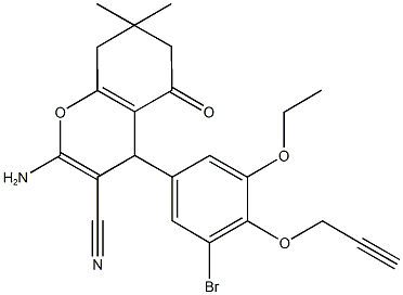 2-amino-4-[3-bromo-5-ethoxy-4-(2-propynyloxy)phenyl]-7,7-dimethyl-5-oxo-5,6,7,8-tetrahydro-4H-chromene-3-carbonitrile Struktur