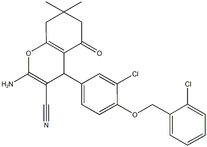 2-amino-4-{3-chloro-4-[(2-chlorobenzyl)oxy]phenyl}-7,7-dimethyl-5-oxo-5,6,7,8-tetrahydro-4H-chromene-3-carbonitrile Struktur