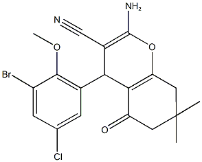 2-amino-4-(3-bromo-5-chloro-2-methoxyphenyl)-7,7-dimethyl-5-oxo-5,6,7,8-tetrahydro-4H-chromene-3-carbonitrile Struktur