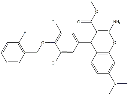 methyl 2-amino-4-{3,5-dichloro-4-[(2-fluorobenzyl)oxy]phenyl}-7-(dimethylamino)-4H-chromene-3-carboxylate Struktur