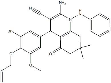 4-[4-(allyloxy)-3-bromo-5-methoxyphenyl]-2-amino-1-anilino-7,7-dimethyl-5-oxo-1,4,5,6,7,8-hexahydro-3-quinolinecarbonitrile Struktur