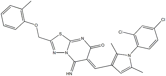 6-{[1-(2,4-dichlorophenyl)-2,5-dimethyl-1H-pyrrol-3-yl]methylene}-5-imino-2-[(2-methylphenoxy)methyl]-5,6-dihydro-7H-[1,3,4]thiadiazolo[3,2-a]pyrimidin-7-one Struktur