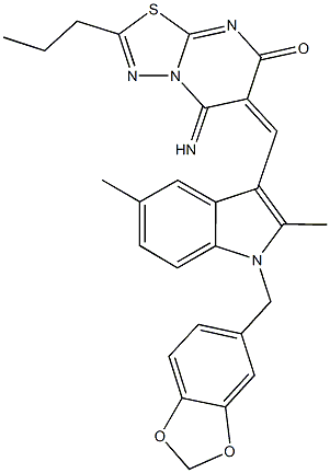 6-{[1-(1,3-benzodioxol-5-ylmethyl)-2,5-dimethyl-1H-indol-3-yl]methylene}-5-imino-2-propyl-5,6-dihydro-7H-[1,3,4]thiadiazolo[3,2-a]pyrimidin-7-one Struktur