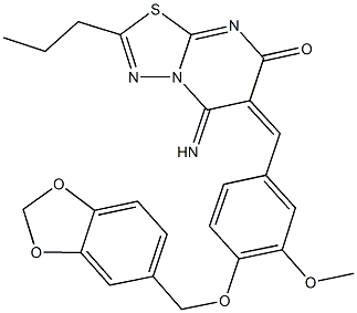 6-[4-(1,3-benzodioxol-5-ylmethoxy)-3-methoxybenzylidene]-5-imino-2-propyl-5,6-dihydro-7H-[1,3,4]thiadiazolo[3,2-a]pyrimidin-7-one Struktur