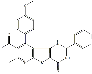 8-acetyl-9-(4-methoxyphenyl)-7-methyl-2-phenyl-2,3-dihydropyrido[3',2':4,5]thieno[3,2-d]pyrimidin-4(1H)-one Struktur