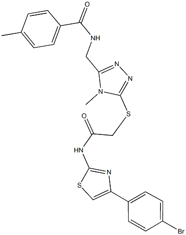 N-({5-[(2-{[4-(4-bromophenyl)-1,3-thiazol-2-yl]amino}-2-oxoethyl)sulfanyl]-4-methyl-4H-1,2,4-triazol-3-yl}methyl)-4-methylbenzamide Struktur