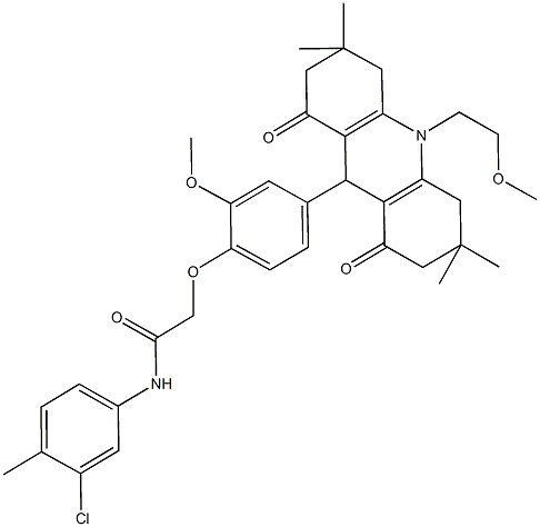 N-(3-chloro-4-methylphenyl)-2-{2-methoxy-4-[10-(2-methoxyethyl)-3,3,6,6-tetramethyl-1,8-dioxo-1,2,3,4,5,6,7,8,9,10-decahydro-9-acridinyl]phenoxy}acetamide Struktur