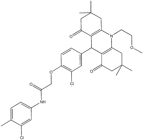 2-{2-chloro-4-[10-(2-methoxyethyl)-3,3,6,6-tetramethyl-1,8-dioxo-1,2,3,4,5,6,7,8,9,10-decahydro-9-acridinyl]phenoxy}-N-(3-chloro-4-methylphenyl)acetamide Struktur