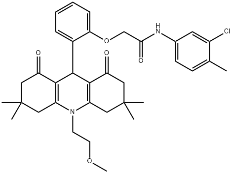 N-(3-chloro-4-methylphenyl)-2-{2-[10-(2-methoxyethyl)-3,3,6,6-tetramethyl-1,8-dioxo-1,2,3,4,5,6,7,8,9,10-decahydro-9-acridinyl]phenoxy}acetamide Struktur