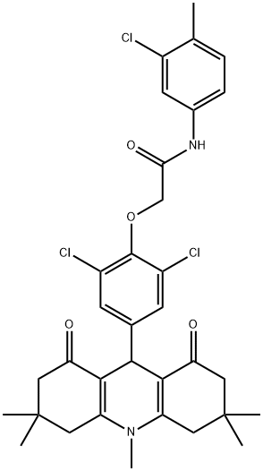 N-(3-chloro-4-methylphenyl)-2-[2,6-dichloro-4-(3,3,6,6,10-pentamethyl-1,8-dioxo-1,2,3,4,5,6,7,8,9,10-decahydro-9-acridinyl)phenoxy]acetamide Struktur