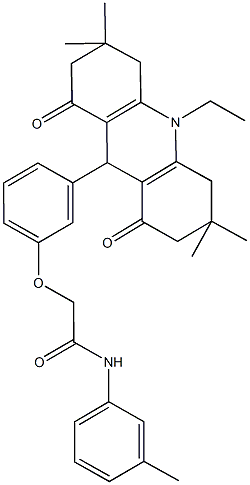 2-[3-(10-ethyl-3,3,6,6-tetramethyl-1,8-dioxo-1,2,3,4,5,6,7,8,9,10-decahydro-9-acridinyl)phenoxy]-N-(3-methylphenyl)acetamide Struktur