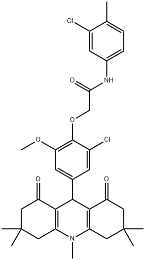 2-[2-chloro-6-methoxy-4-(3,3,6,6,10-pentamethyl-1,8-dioxo-1,2,3,4,5,6,7,8,9,10-decahydro-9-acridinyl)phenoxy]-N-(3-chloro-4-methylphenyl)acetamide Struktur