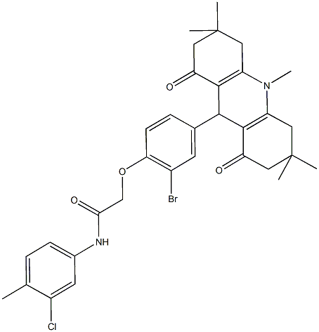 2-[2-bromo-4-(3,3,6,6,10-pentamethyl-1,8-dioxo-1,2,3,4,5,6,7,8,9,10-decahydro-9-acridinyl)phenoxy]-N-(3-chloro-4-methylphenyl)acetamide Struktur