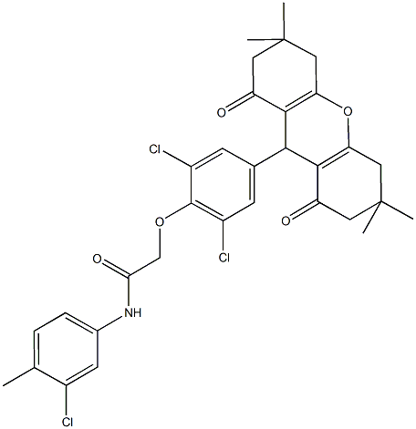 N-(3-chloro-4-methylphenyl)-2-[2,6-dichloro-4-(3,3,6,6-tetramethyl-1,8-dioxo-2,3,4,5,6,7,8,9-octahydro-1H-xanthen-9-yl)phenoxy]acetamide Struktur