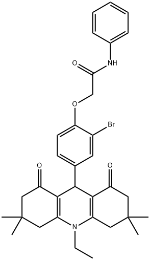 2-[2-bromo-4-(10-ethyl-3,3,6,6-tetramethyl-1,8-dioxo-1,2,3,4,5,6,7,8,9,10-decahydro-9-acridinyl)phenoxy]-N-phenylacetamide Struktur