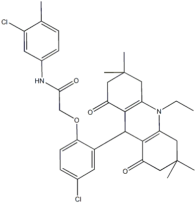 2-[4-chloro-2-(10-ethyl-3,3,6,6-tetramethyl-1,8-dioxo-1,2,3,4,5,6,7,8,9,10-decahydro-9-acridinyl)phenoxy]-N-(3-chloro-4-methylphenyl)acetamide Struktur