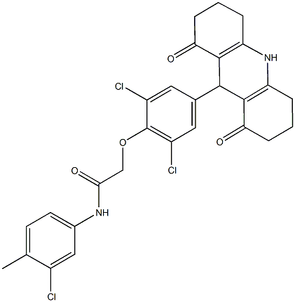 N-(3-chloro-4-methylphenyl)-2-[2,6-dichloro-4-(1,8-dioxo-1,2,3,4,5,6,7,8,9,10-decahydro-9-acridinyl)phenoxy]acetamide Struktur