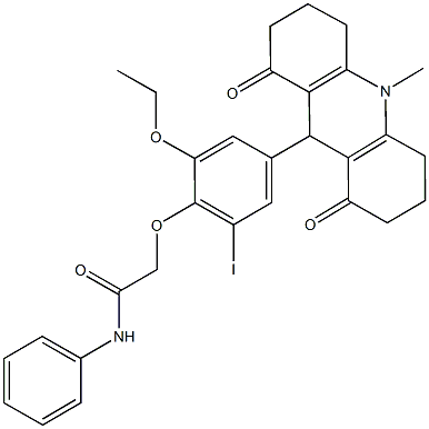 2-[2-ethoxy-6-iodo-4-(10-methyl-1,8-dioxo-1,2,3,4,5,6,7,8,9,10-decahydro-9-acridinyl)phenoxy]-N-phenylacetamide Struktur