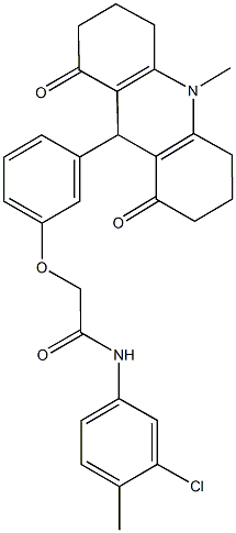 N-(3-chloro-4-methylphenyl)-2-[3-(10-methyl-1,8-dioxo-1,2,3,4,5,6,7,8,9,10-decahydro-9-acridinyl)phenoxy]acetamide Struktur