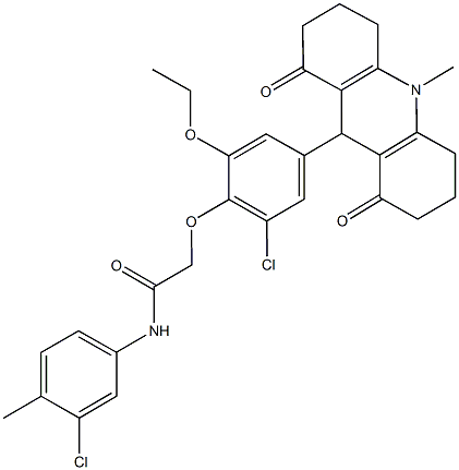 2-[2-chloro-6-ethoxy-4-(10-methyl-1,8-dioxo-1,2,3,4,5,6,7,8,9,10-decahydro-9-acridinyl)phenoxy]-N-(3-chloro-4-methylphenyl)acetamide Struktur