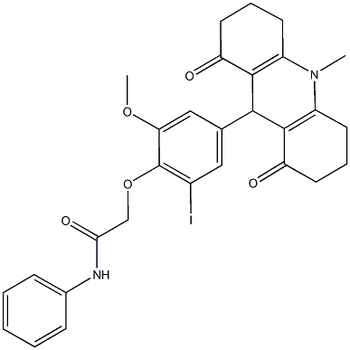 2-[2-iodo-6-methoxy-4-(10-methyl-1,8-dioxo-1,2,3,4,5,6,7,8,9,10-decahydro-9-acridinyl)phenoxy]-N-phenylacetamide Struktur