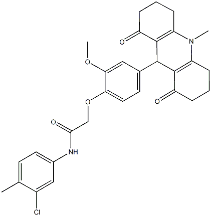 N-(3-chloro-4-methylphenyl)-2-[2-methoxy-4-(10-methyl-1,8-dioxo-1,2,3,4,5,6,7,8,9,10-decahydro-9-acridinyl)phenoxy]acetamide Struktur