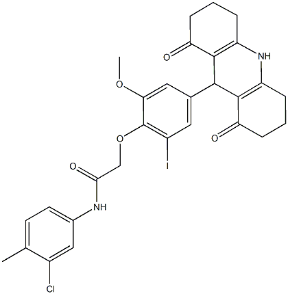 N-(3-chloro-4-methylphenyl)-2-[4-(1,8-dioxo-1,2,3,4,5,6,7,8,9,10-decahydro-9-acridinyl)-2-iodo-6-methoxyphenoxy]acetamide Struktur