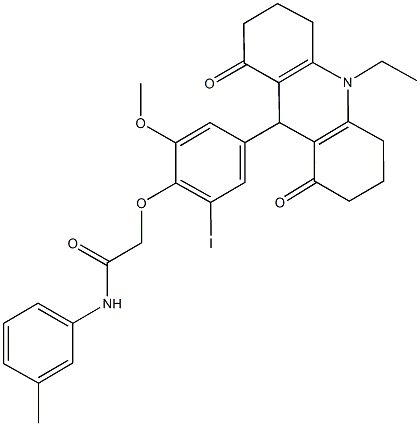 2-[4-(10-ethyl-1,8-dioxo-1,2,3,4,5,6,7,8,9,10-decahydro-9-acridinyl)-2-iodo-6-methoxyphenoxy]-N-(3-methylphenyl)acetamide Struktur