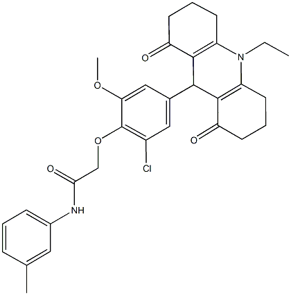 2-[2-chloro-4-(10-ethyl-1,8-dioxo-1,2,3,4,5,6,7,8,9,10-decahydro-9-acridinyl)-6-methoxyphenoxy]-N-(3-methylphenyl)acetamide Struktur