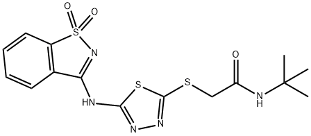 N-(tert-butyl)-2-({5-[(1,1-dioxido-1,2-benzisothiazol-3-yl)amino]-1,3,4-thiadiazol-2-yl}sulfanyl)acetamide Struktur