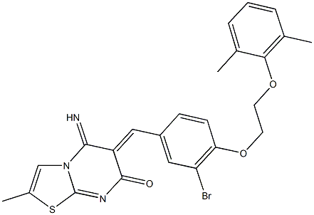 6-{3-bromo-4-[2-(2,6-dimethylphenoxy)ethoxy]benzylidene}-5-imino-2-methyl-5,6-dihydro-7H-[1,3]thiazolo[3,2-a]pyrimidin-7-one Struktur