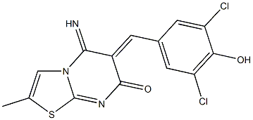 6-(3,5-dichloro-4-hydroxybenzylidene)-5-imino-2-methyl-5,6-dihydro-7H-[1,3]thiazolo[3,2-a]pyrimidin-7-one Struktur