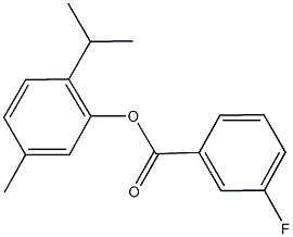 2-isopropyl-5-methylphenyl 3-fluorobenzoate Struktur