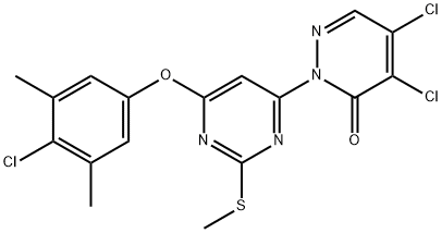 4,5-dichloro-2-[6-(4-chloro-3,5-dimethylphenoxy)-2-(methylsulfanyl)-4-pyrimidinyl]-3(2H)-pyridazinone Struktur