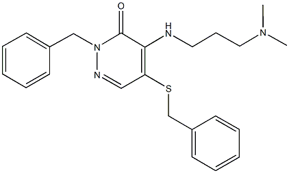 2-benzyl-5-(benzylsulfanyl)-4-{[3-(dimethylamino)propyl]amino}-3(2H)-pyridazinone Struktur