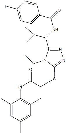 N-[1-(4-ethyl-5-{[2-(mesitylamino)-2-oxoethyl]sulfanyl}-4H-1,2,4-triazol-3-yl)-2-methylpropyl]-4-fluorobenzamide Struktur