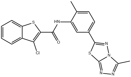 3-chloro-N-[2-methyl-5-(3-methyl[1,2,4]triazolo[3,4-b][1,3,4]thiadiazol-6-yl)phenyl]-1-benzothiophene-2-carboxamide Struktur