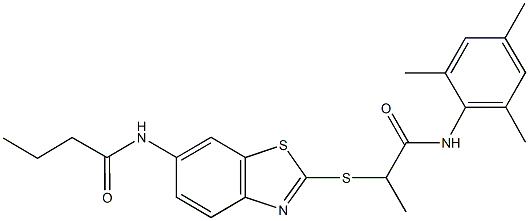 N-(2-{[2-(mesitylamino)-1-methyl-2-oxoethyl]sulfanyl}-1,3-benzothiazol-6-yl)butanamide Struktur