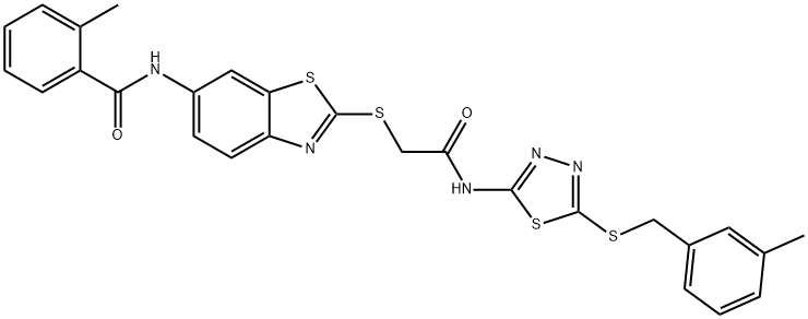 2-methyl-N-(2-{[2-({5-[(3-methylbenzyl)sulfanyl]-1,3,4-thiadiazol-2-yl}amino)-2-oxoethyl]sulfanyl}-1,3-benzothiazol-6-yl)benzamide Struktur