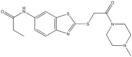 N-(2-{[2-(4-methyl-1-piperazinyl)-2-oxoethyl]sulfanyl}-1,3-benzothiazol-6-yl)propanamide Struktur