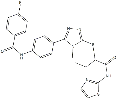 4-fluoro-N-{4-[4-methyl-5-({1-[(1,3-thiazol-2-ylamino)carbonyl]propyl}sulfanyl)-4H-1,2,4-triazol-3-yl]phenyl}benzamide Struktur