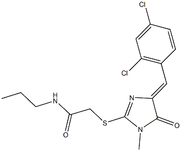 2-{[4-(2,4-dichlorobenzylidene)-1-methyl-5-oxo-4,5-dihydro-1H-imidazol-2-yl]sulfanyl}-N-propylacetamide Struktur