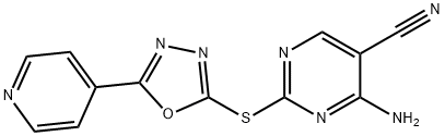 4-amino-2-{[5-(4-pyridinyl)-1,3,4-oxadiazol-2-yl]sulfanyl}-5-pyrimidinecarbonitrile Struktur