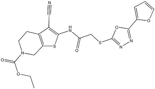 ethyl 3-cyano-2-[({[5-(2-furyl)-1,3,4-oxadiazol-2-yl]sulfanyl}acetyl)amino]-4,7-dihydrothieno[2,3-c]pyridine-6(5H)-carboxylate Struktur