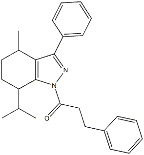 7-isopropyl-4-methyl-3-phenyl-1-(3-phenylpropanoyl)-4,5,6,7-tetrahydro-1H-indazole Struktur