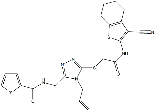 N-{[4-allyl-5-({2-[(3-cyano-4,5,6,7-tetrahydro-1-benzothien-2-yl)amino]-2-oxoethyl}sulfanyl)-4H-1,2,4-triazol-3-yl]methyl}-2-thiophenecarboxamide Struktur