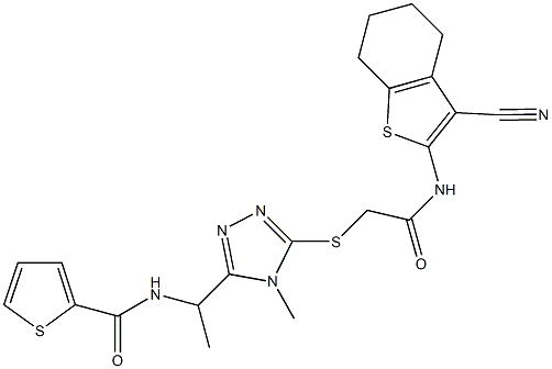 N-{1-[5-({2-[(3-cyano-4,5,6,7-tetrahydro-1-benzothien-2-yl)amino]-2-oxoethyl}sulfanyl)-4-methyl-4H-1,2,4-triazol-3-yl]ethyl}-2-thiophenecarboxamide Struktur