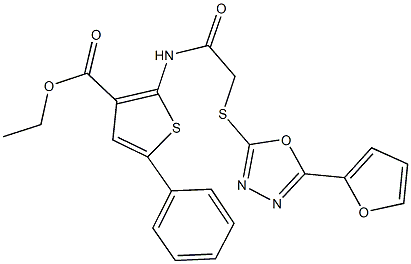 ethyl 2-[({[5-(2-furyl)-1,3,4-oxadiazol-2-yl]sulfanyl}acetyl)amino]-5-phenyl-3-thiophenecarboxylate Struktur