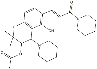 5-hydroxy-2,2-dimethyl-6-[3-oxo-3-(1-piperidinyl)-1-propenyl]-4-(1-piperidinyl)-3,4-dihydro-2H-chromen-3-yl acetate Struktur